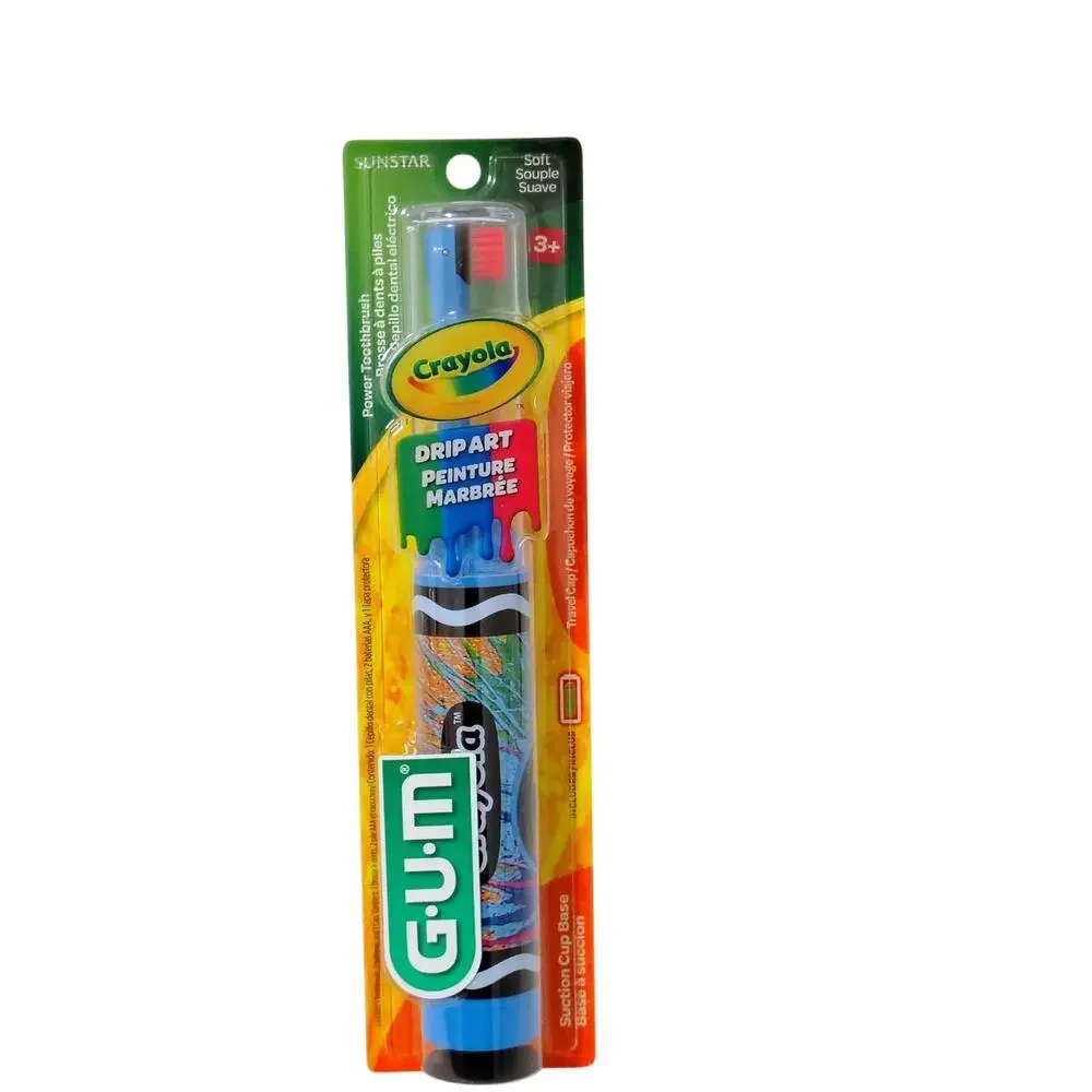 GUM Crayola Drip Art Blue Soft Round Power Electric Toothbrush Suction Cup NEW